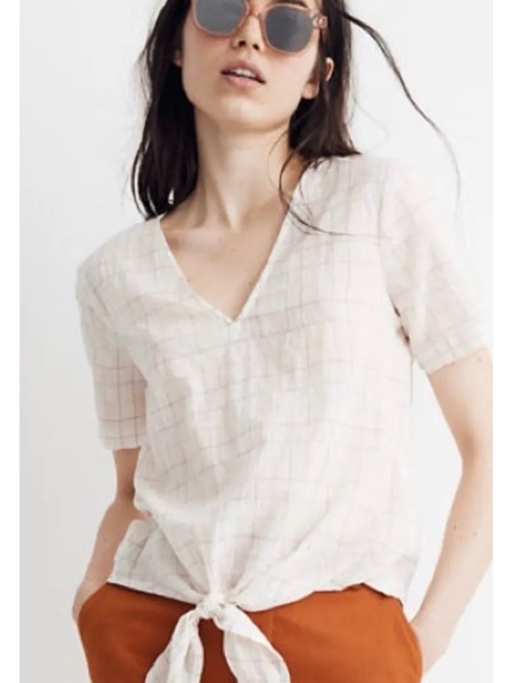 Madewell Windowpane Tie Front Top